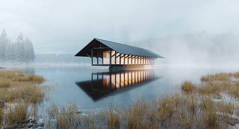 concept image of pavilion-like house floating on lake