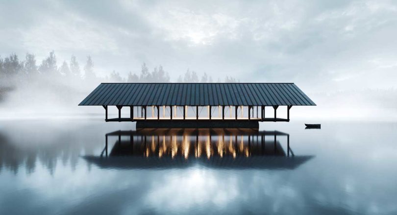 concept image of pavilion-like house floating on lake