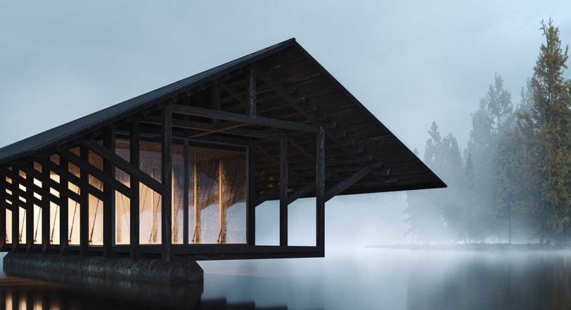 closeup of concept image of pavilion-like house floating on lake
