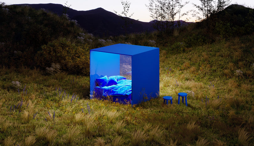 scaled blue modern bedroom in the outdoors during nightfall
