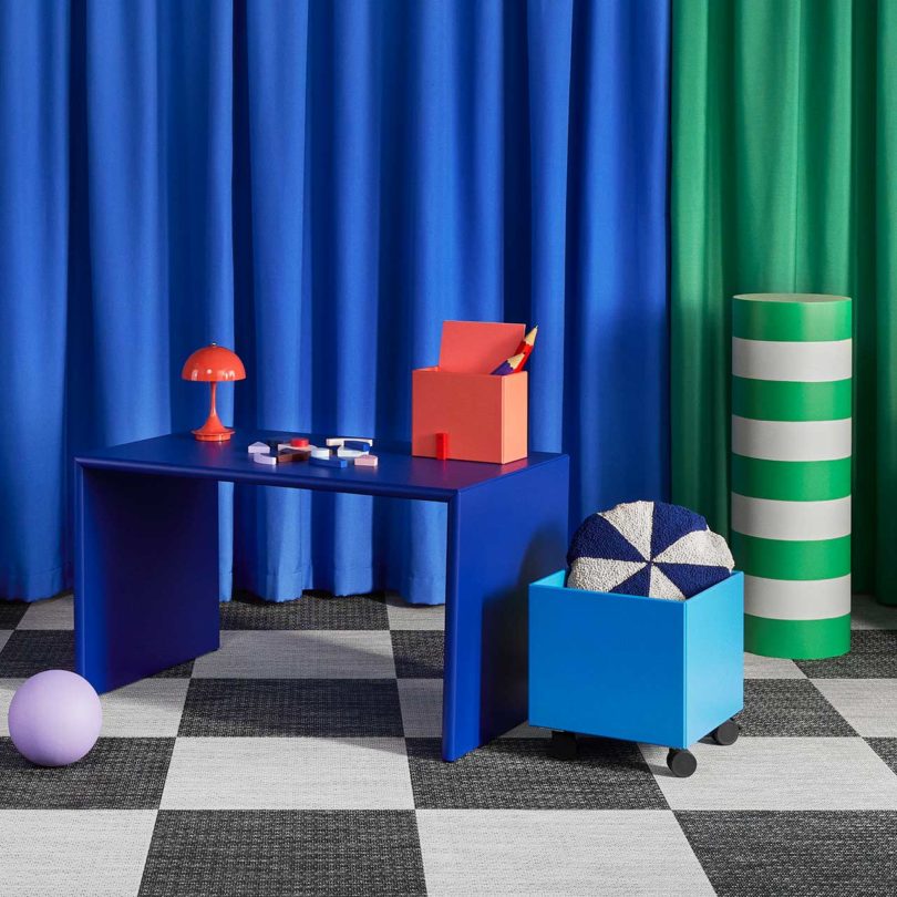 bold color-blocked exhibition kids room