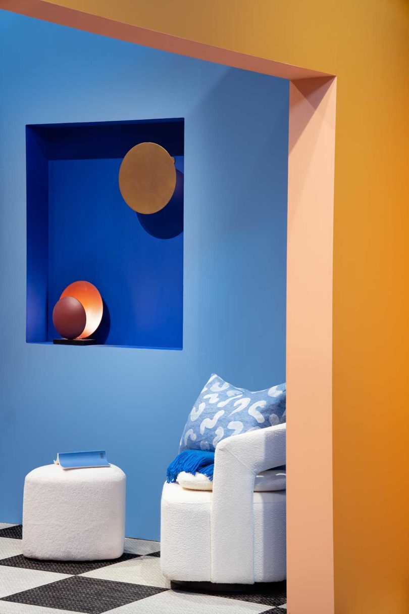 bold color-blocked exhibition bedroom