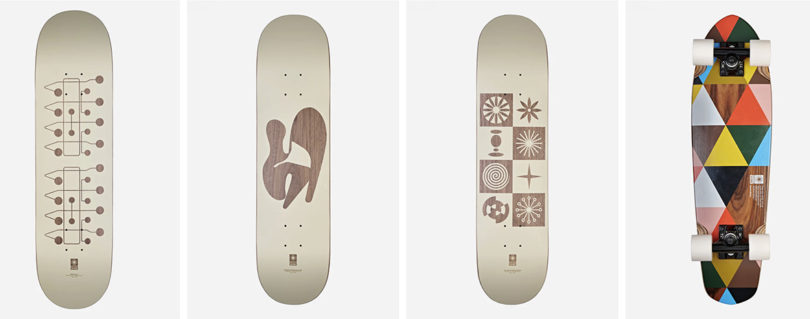 All four of the skateboard designs from the Globe x Eames Office collection shown from the underside.