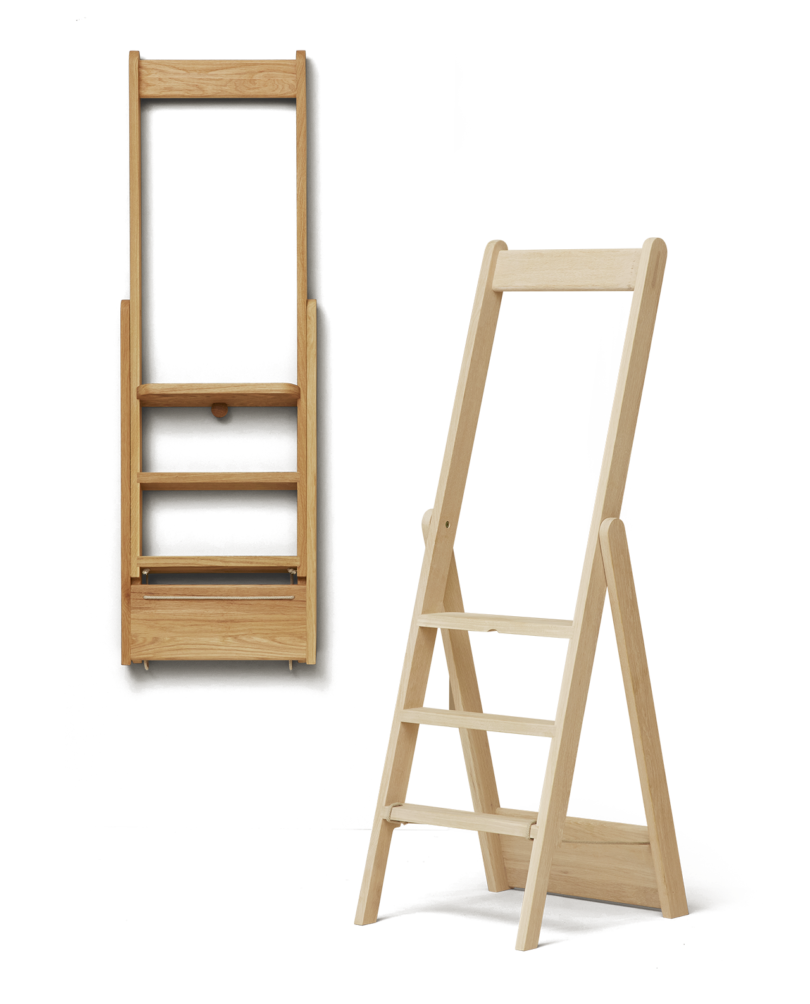 foldable wood ladder and folded version of the ladder on white background