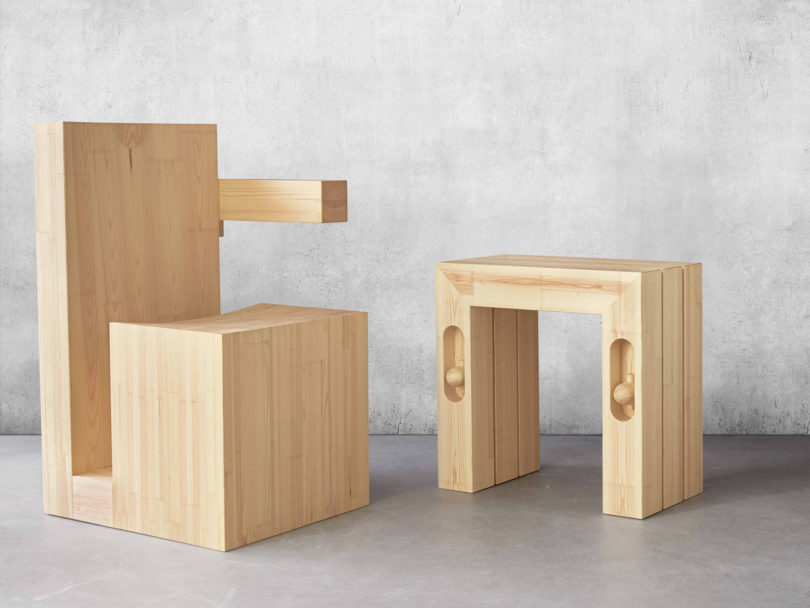two pieces of abstract wooden furniture