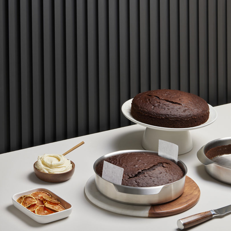 stainless steel bakeware with two round cakes
