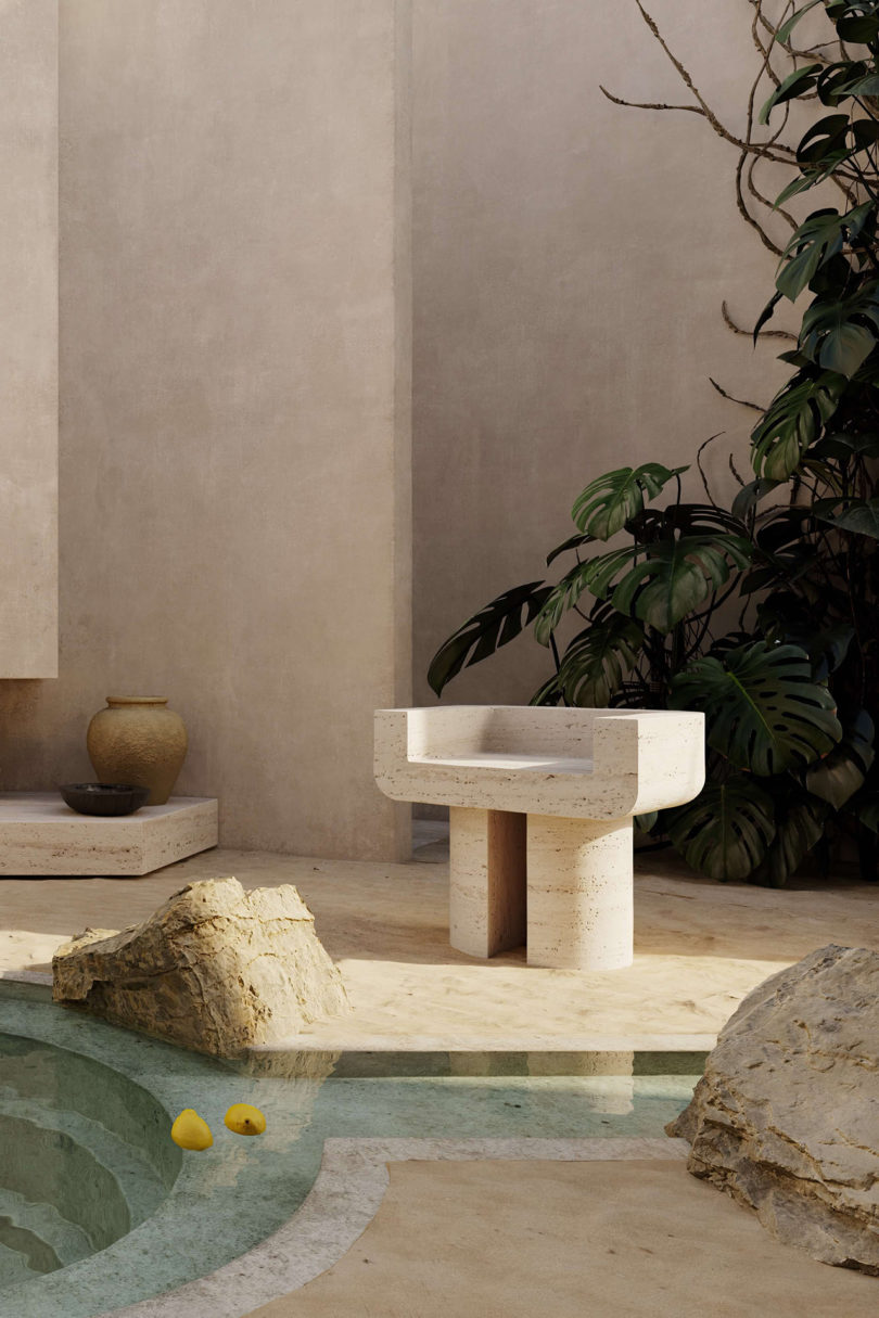 styled exterior with travertine chair