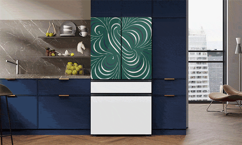 Animated gif showing various color variations of MyBespoke generative art with simulated refrigerator in kitchen setting.