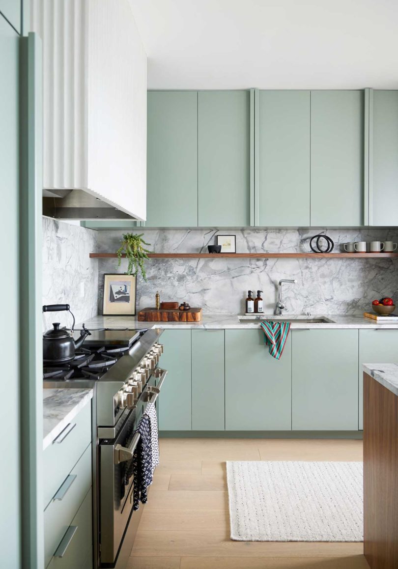 apartment interior with view of modern kitchen in pale green