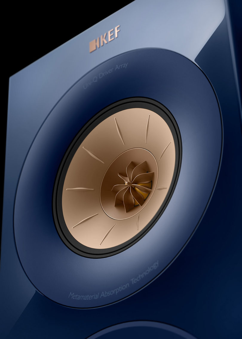 KEF R3 Indigo gloss detail of UniQ and Metamaterial Absorption Technology (MAT) components.