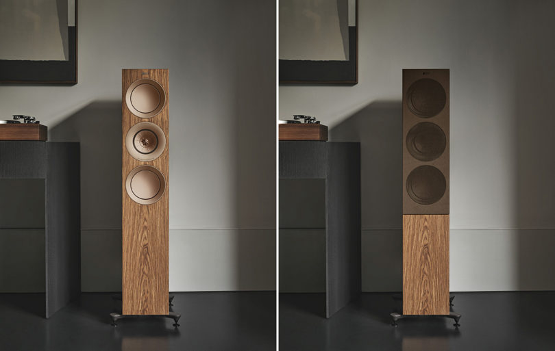 Two photos showing KEF R7 Series floor speaker in walnut, first on left without speaker cover, the right shown with cover on.