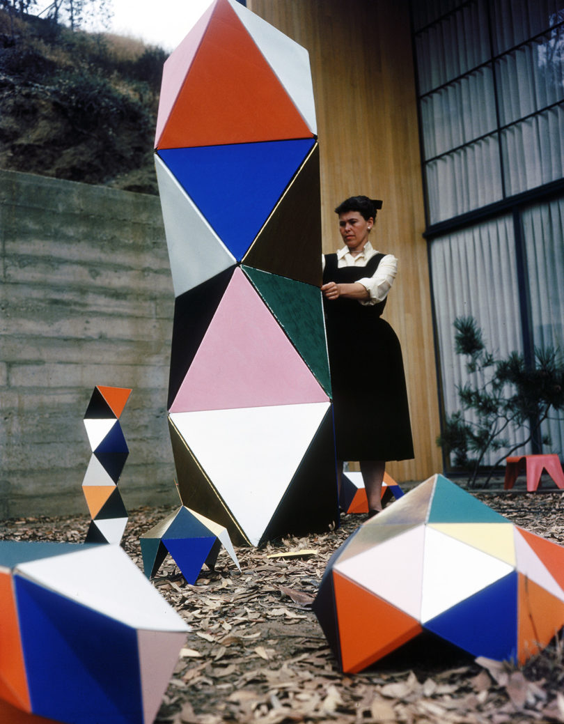 Ray Eames with sculptures made from “The Toy”, 1951 © Eames Office.