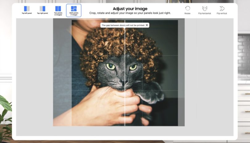 Sample uploaded image of gray korat cat named Eero wearing a redheaded curly wig emblazoned onto Samsung refrigerator panel door.