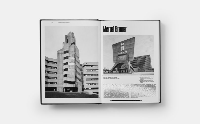 black and white book spread featuring two modern buildings