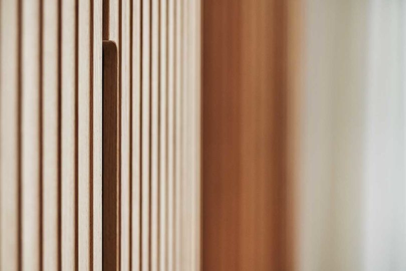closeup view of wood slatted cabinets