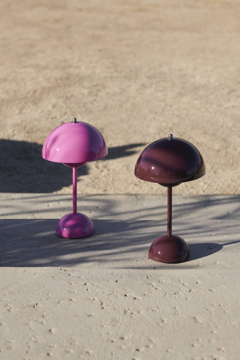 pink and dark plum colored table lamps outside