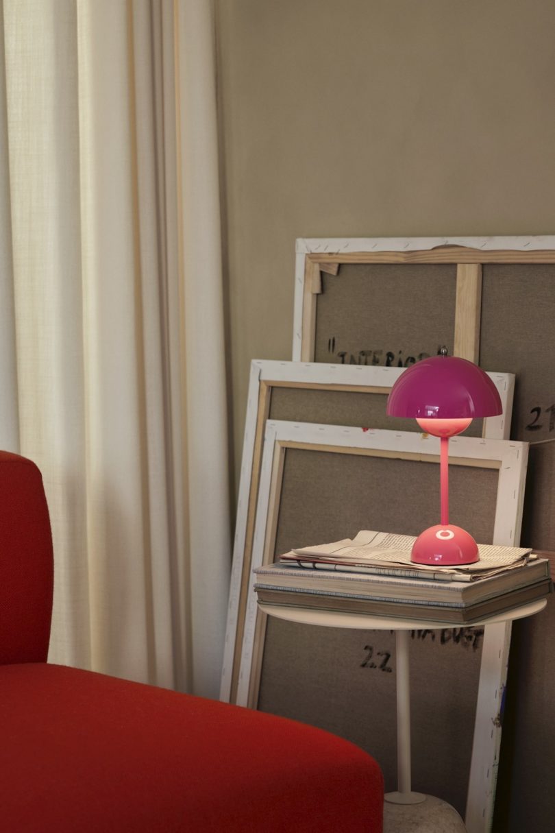 pink table lamp on side table