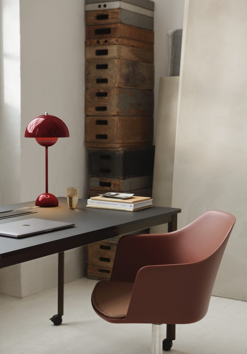 red table lamp on desk