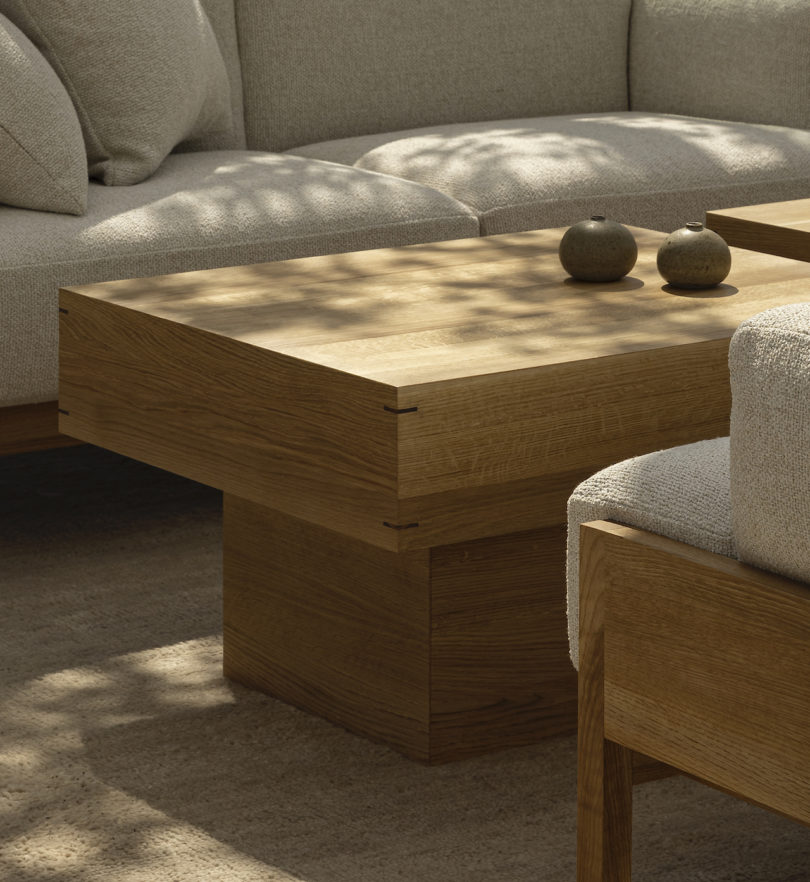 oak wood coffee table in dappled sunlight