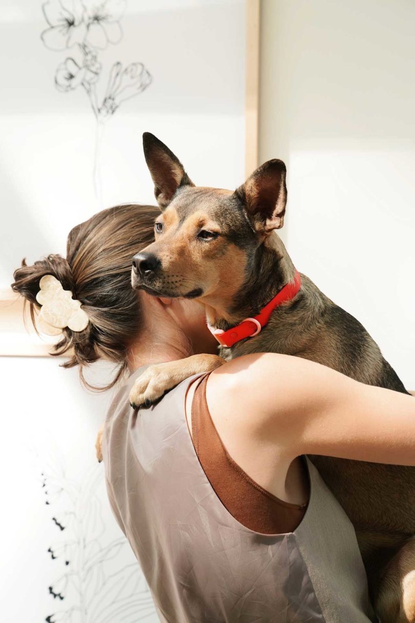 woman hugging dog with red collar