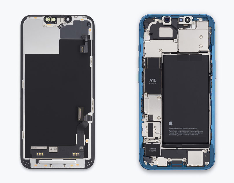 Internal images of iPhone 14's front and middle sections.