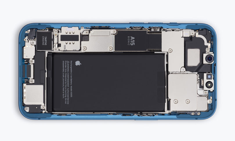 Internal images of iPhone 14 componentry, including A15 Bionic chip, Taptic Engine, battery and front camera sensor.