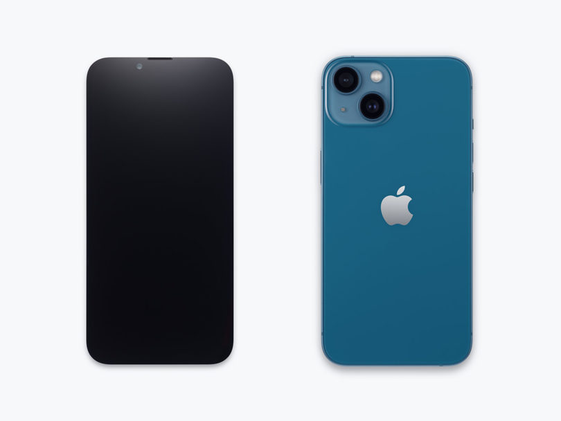 Front Retina display next to glass back of Apple iPhone 14 in blue finish.