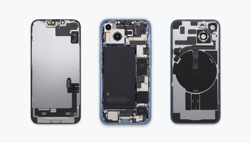 Internal images of iPhone 14's front, middle and back sections.