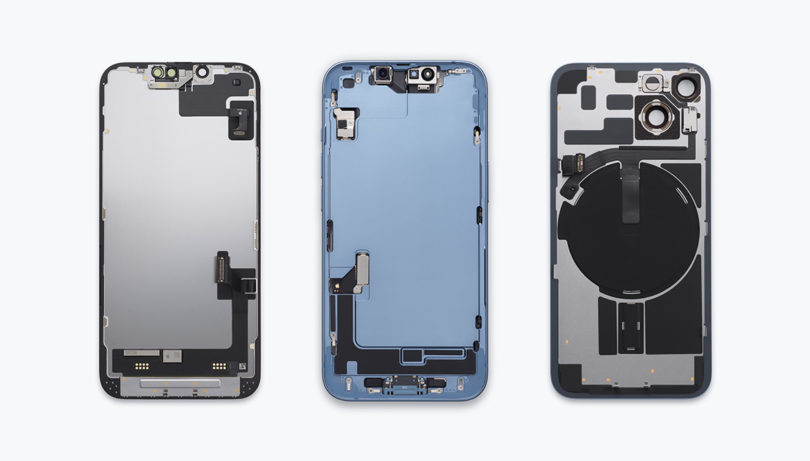 Internal images of iPhone 14's front, middle and back sections.