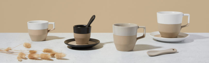 white, black and terracotta coffee mugs and saucers