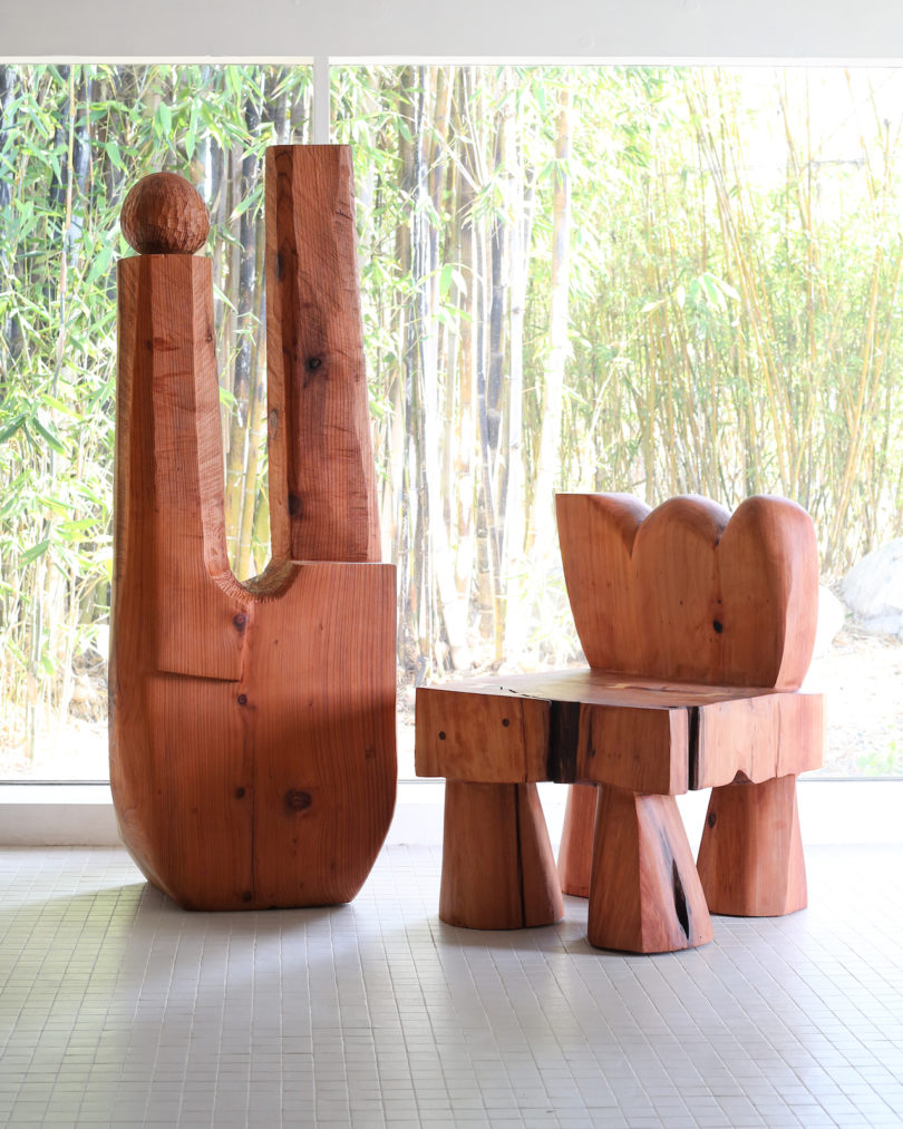 wooden totem and chair