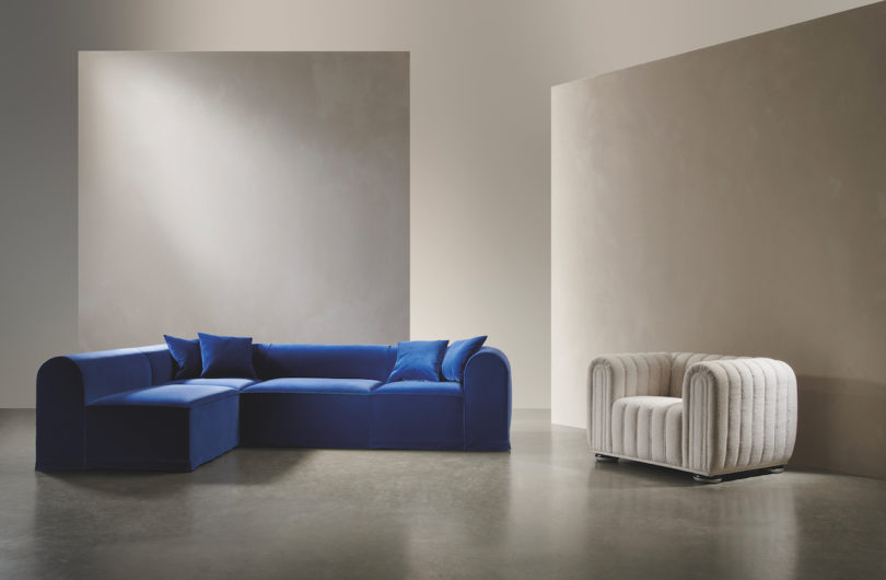 blue sofa and beige lounge seat