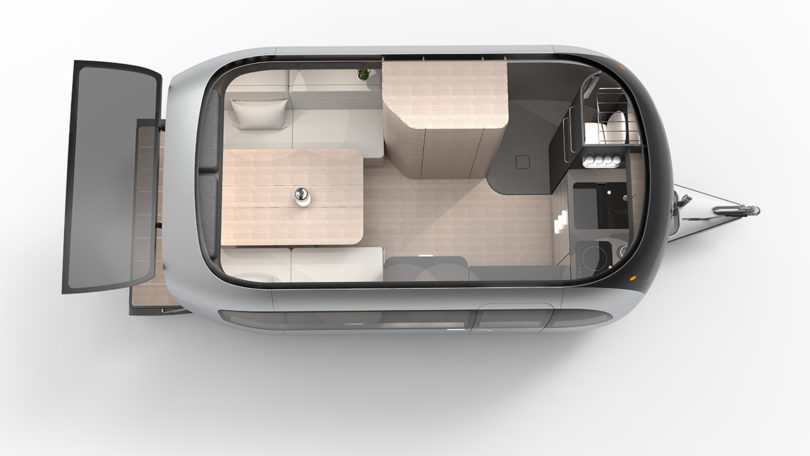 The Airstream Studio F. A. Porsche Concept Travel Trailer render overhead view showing interior space layout.