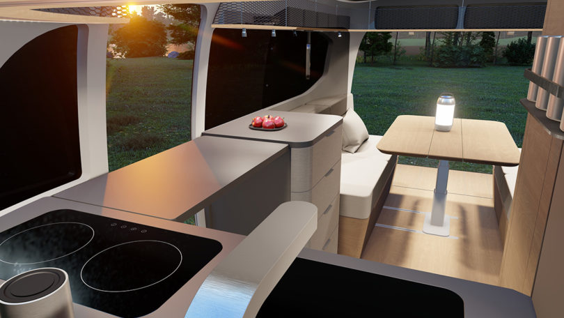 Interior view of kitchen of The Airstream Studio F. A. Porsche Concept Travel Trailer