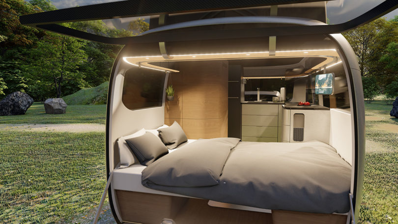 Bed section for two of The Airstream Studio F. A. Porsche Concept Travel Trailer with back open to elements