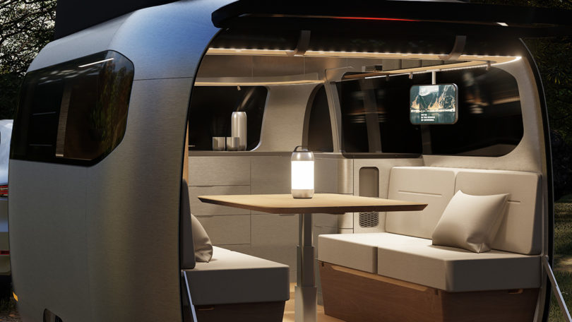 Interior of dining/seated section of The Airstream Studio F. A. Porsche Concept Travel Trailer