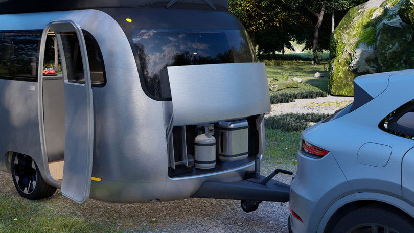 Towing section and front water/fuel storage of The Airstream Studio F. A. Porsche Concept Travel Trailer.