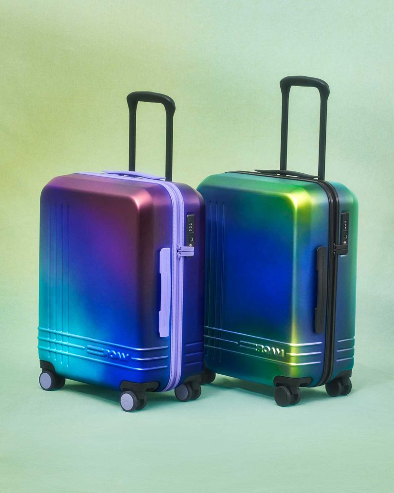 two angled hand painted suitcases by Amanda Wachob