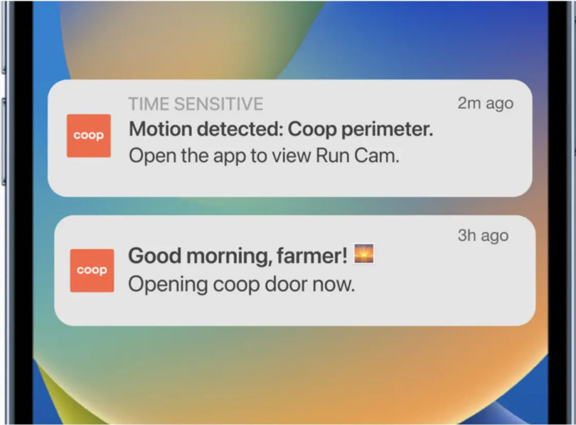 Screen capture of The COOP's iPhone notifications reporting motion detection and the front door opening 