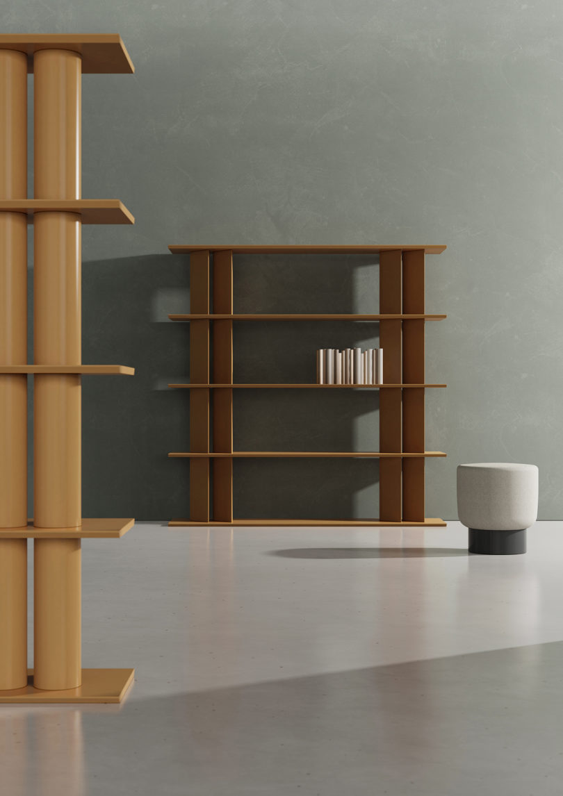 two sets of modern wood shelving in a styled setting