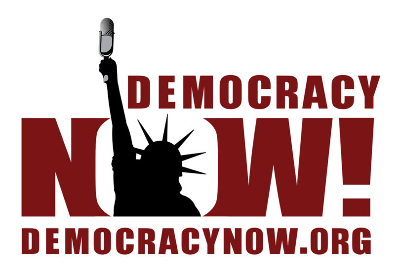black and maroon logo reading Democracy Now!