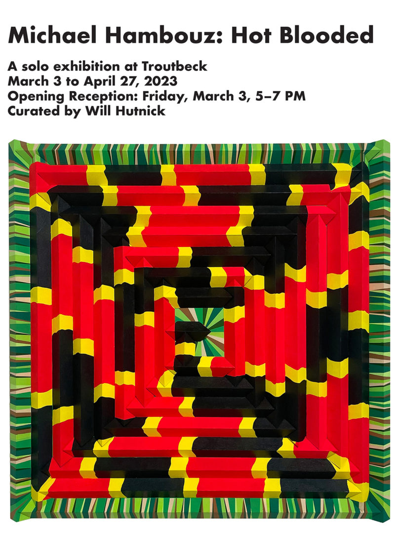 maze-like red, black, yellow, and green art show poster