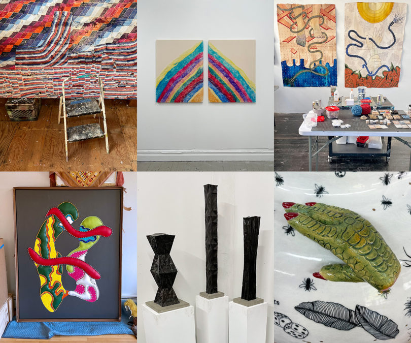 collage of six images from gallery shows and studio tours