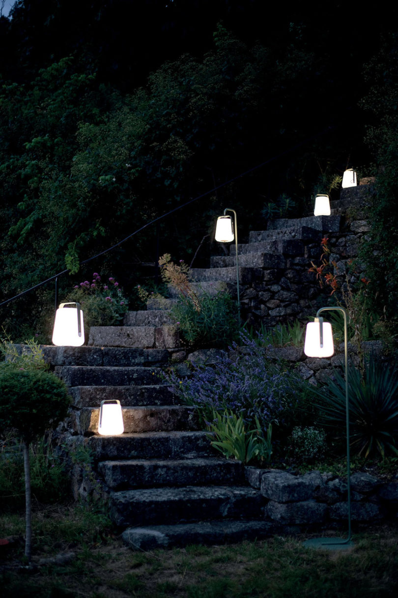 outdoor LED lanterns adorn a stone staircase