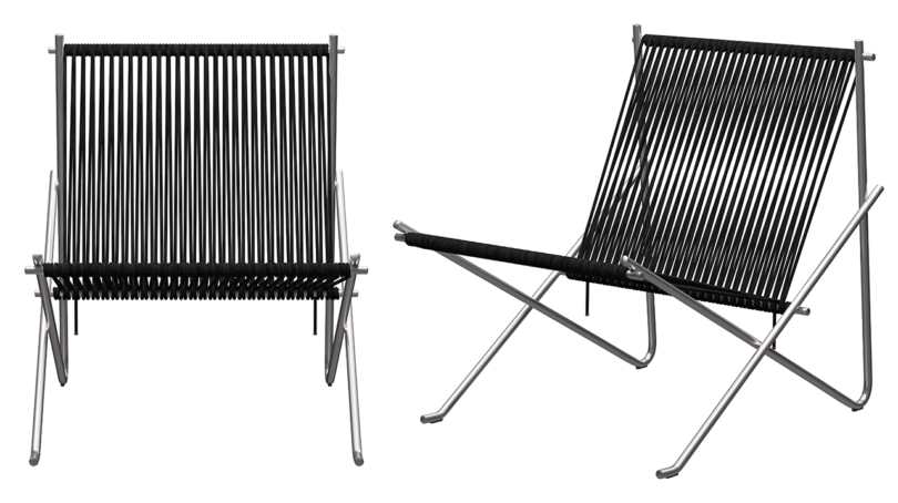 two modern chairs with rope back and seat on white background