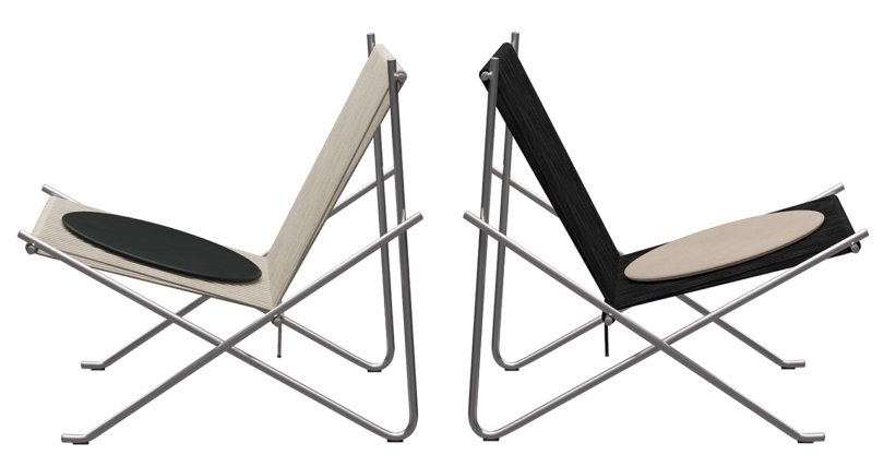 two modern chairs with rope back and seat on white background