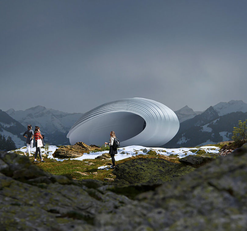 Side view of Hassell 3D printed Climate Responsive Pavilion in mountaintop setting with hikers standing in foreground.