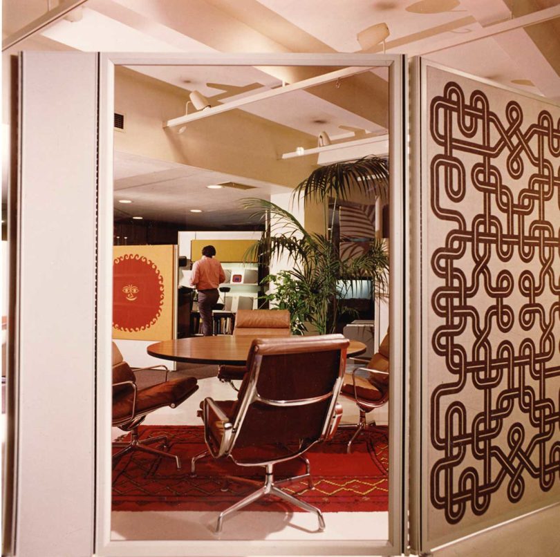 archival shot of mid-century office space with patterned panels
