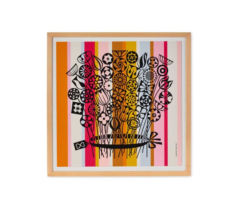 framed floral print with red, orange, and pink stripes in background