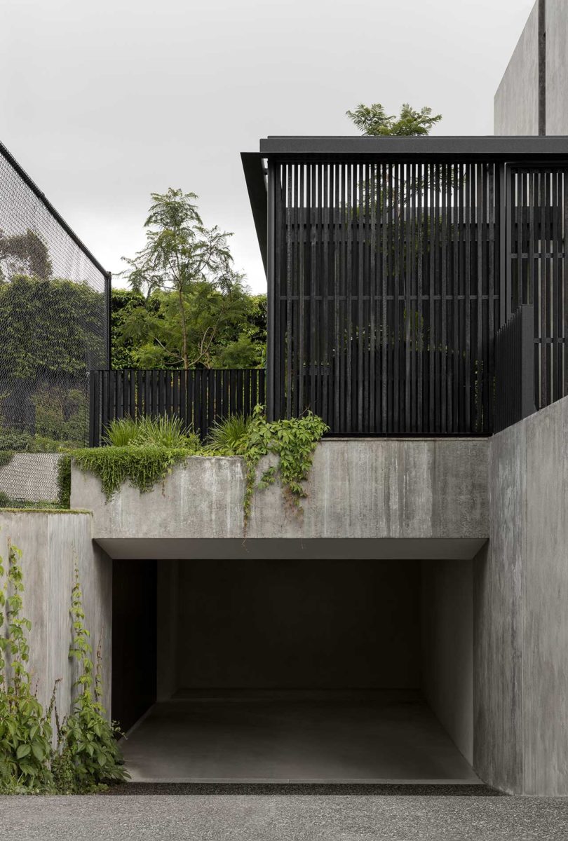 closeup exterior view of modern house with concrete and black wood details